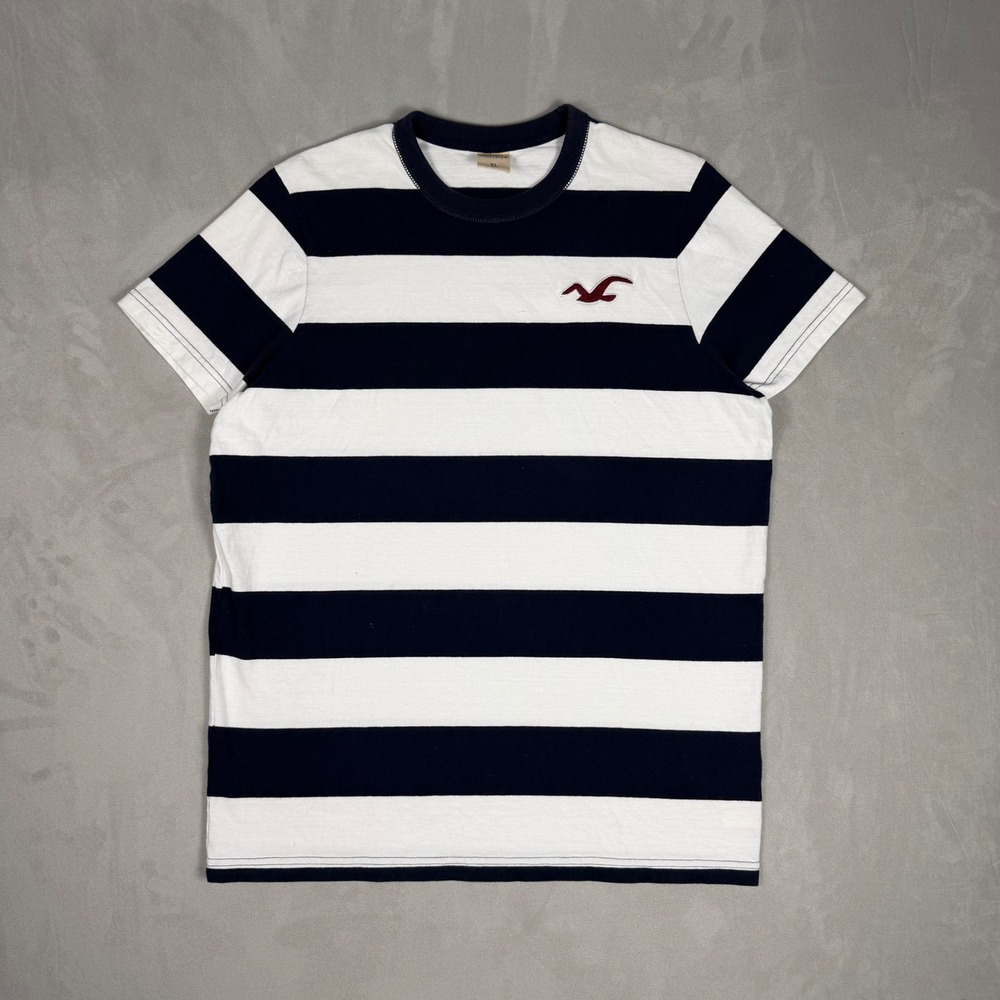 Y2K Mens Hollister Striped Nautical Surf Logo T-Shirt XL